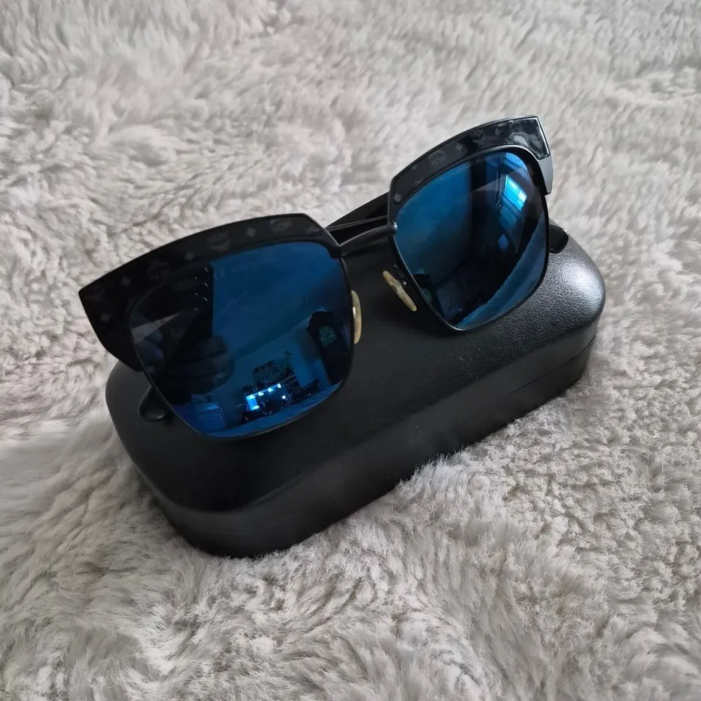 MCM Black Frame Sunglasses with Blue Mirrored Lenses